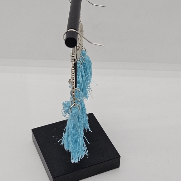 light blue and silver tone enamel disk earrings with tassels - Picture 3 of 4